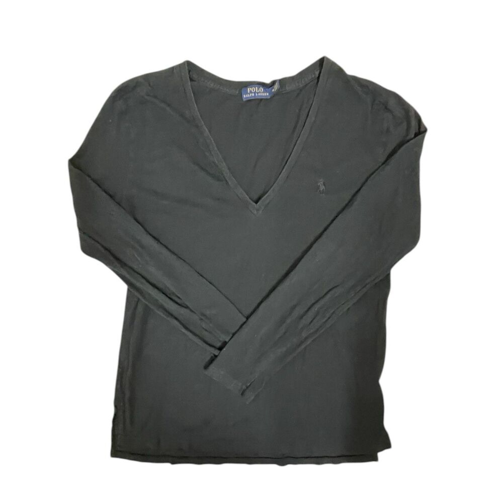 Ralph Lauren Black V Neck Long Sleeve Top Women M Cotton Basic